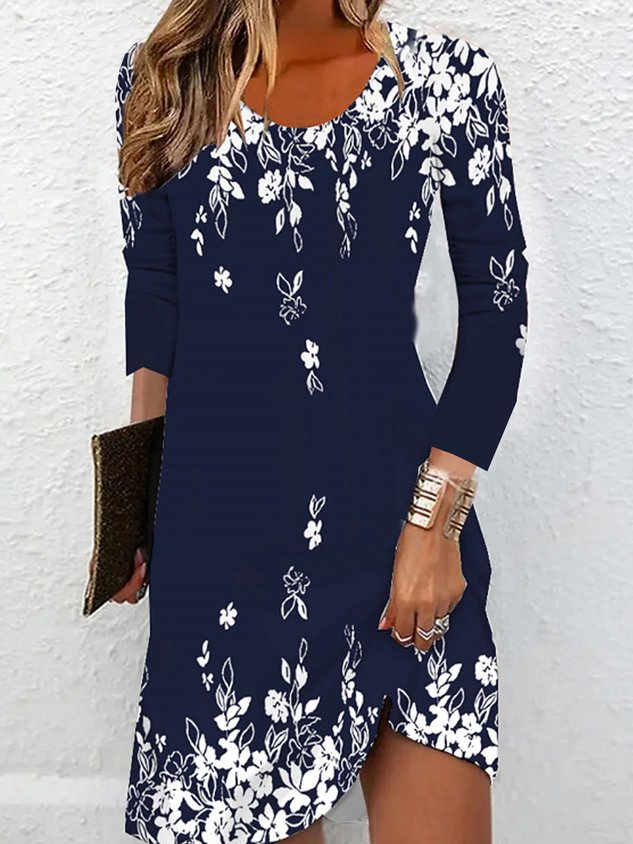 Chicmy Crew Neck Casual Jersey Floral Dress