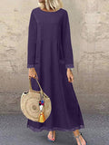 Chicmy- Casual Solid Color Stitching Round Neck Long Sleeve Maxi Dress