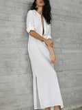 Chicmy-Simple Ramie Cotton Solid Color Split-Side Maxi Dress