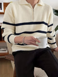 ChicMy-Fall Outfits   Striped Pattern Chic Sweater, Men's Casual Warm Slightly Stretch Lapel With Zipper Pullover Sweater For Fall Winter