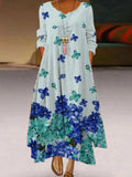 Chicmy- V-neck Loose Casual Floral Print Long Sleeve Maxi Dress