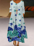 Chicmy- V-neck Loose Casual Floral Print Long Sleeve Maxi Dress