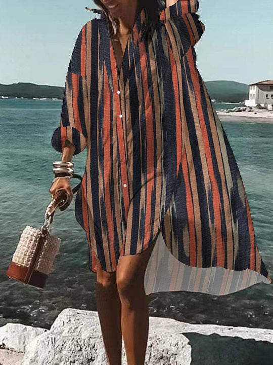 Chicmy- Casual Loose Printed Vacation Long Sleeve Sunscreen Short Dress