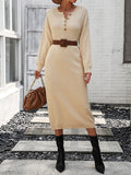 Chicmy-Buttoned Split-Joint Long Sleeves Loose Round-Neck Sweater Dresses Midi Dresses