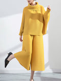 Chicmy-Simple Loose Long Sleeves Pleated Solid Color High-Neck T-Shirt Top&Wide Legs Pants Two Pieces Set