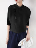 Chicmy-Vintage Loose Half Sleeves Buttoned Asymmetric Solid Color Stand Collar Blouses&Shirts Tops