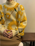 Chicmy-Graduation gift, Coachella Valley Music Festival Look,O-Neck Sunflower Pattern Warm Sweater