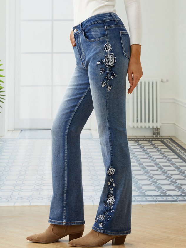 ChicmyCasual Embroidered Floral Denim Jeans