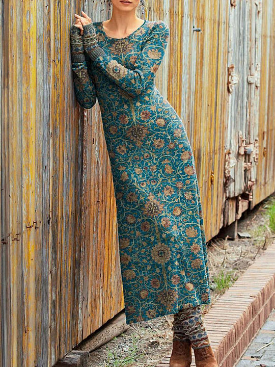Chicmy- Round Neck Casual Vintage Print Long Sleeve Maxi Dress