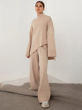 Chicmy-Casual Solid Color Irregularity High-Neck Sweater& Wide Leg Pants Suits