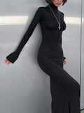 CHICMY-Graduation gift, graduation evening dress Split-Joint Solid Color Long Sleeves Bodycon High Neck Maxi Dresses