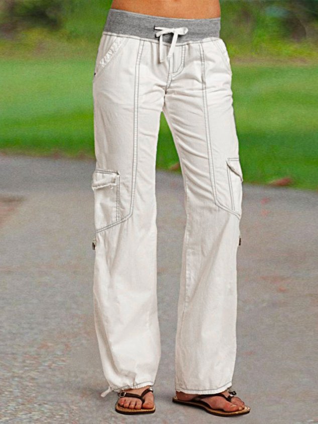 ChicmyLinen Loose Plain Casual Drawstring Flap Pocket Side Tie Hem Long Pants
