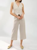 Chicmy-Solid Color Buttoned Deep V-Neck Sleeveless  Vest Top + Pleated Straight Leg Pants Bottom Two Pieces Set