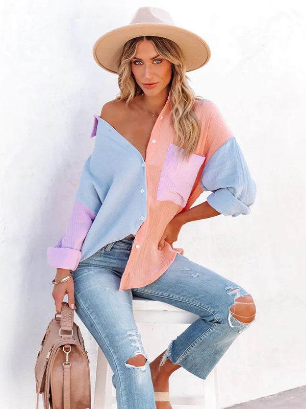 Chicmy-Casual Long Sleeves Contrast Color Split-Joint Lapel Blouses