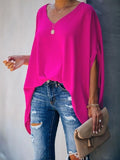 Chicmy-Oversize Batwing Sleeves Solid Color V-Neck T-Shirt