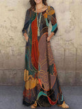 Chicmy- Round Neck Casual Loose Printed Long Sleeve Maxi Dress