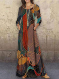 Chicmy- Round Neck Casual Loose Printed Long Sleeve Maxi Dress