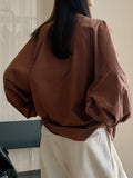 Chicmy-Buttoned Elasticity Pleated Solid Color Bishop Sleeve Long Sleeves Round-Neck Blouses&Shirts Tops