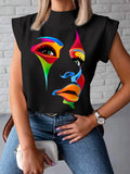 Chicmy-Original Casual High-Neck Cap Sleeves Face Printed T-Shirt Top