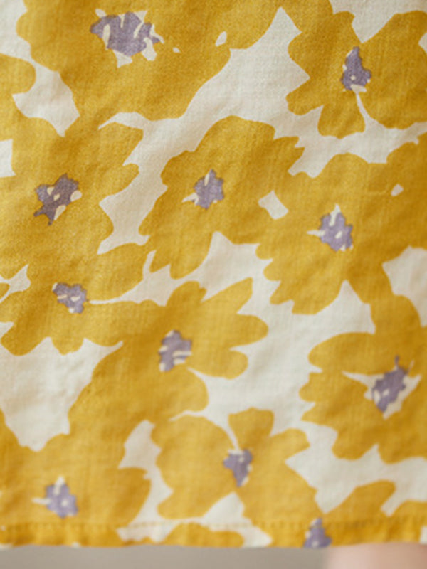 Chicmy-Floral Printed Pleated Split-Joint Loose Raglan Sleeve Round-Neck Midi Dresses