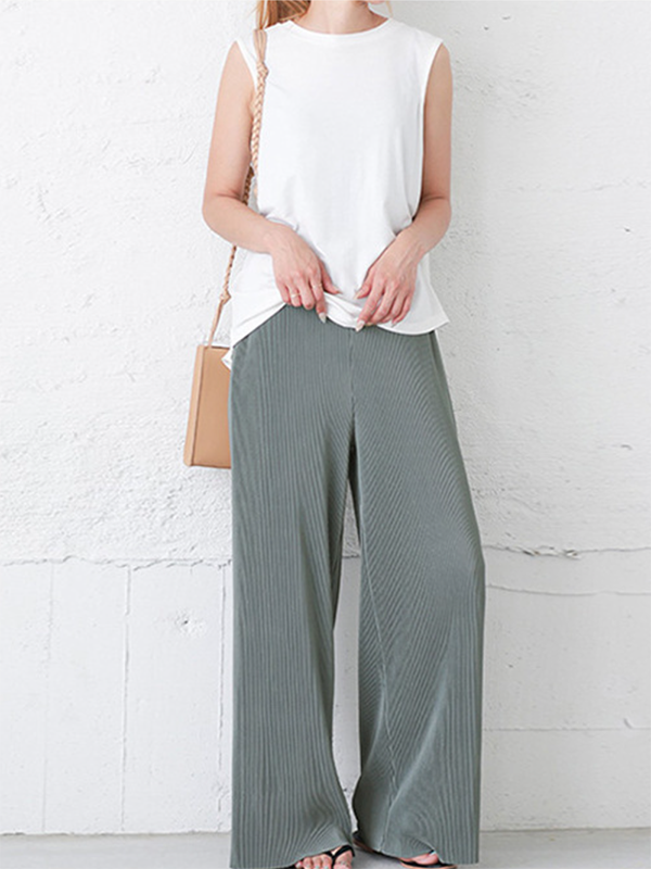 Chicmy-Simple Loose Wide Leg Elasticity Solid Color Casual Pants Bottoms