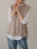 Chicmy-Fall Outfits Simple Sleeveless Loose Buttoned Solid Color Round-Neck Sweater Vest Outerwear