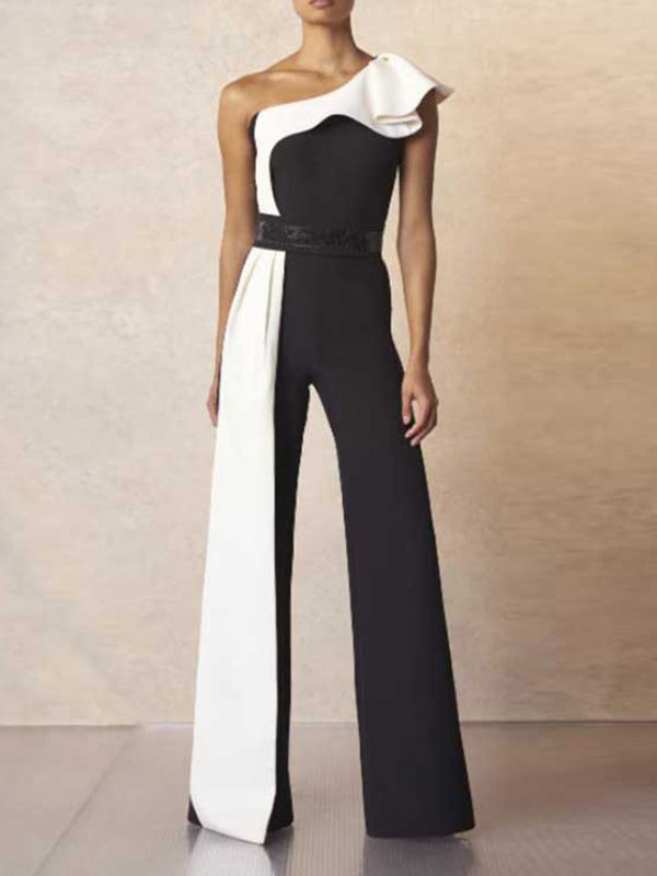 Chicmy-Contrast Color Split-Joint High Waisted Wide Leg One-shoulder Jumpsuits