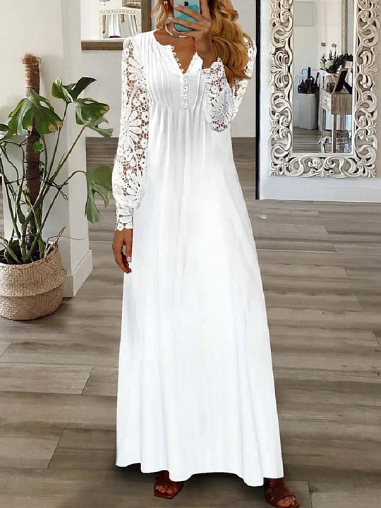 Chicmy- Round Neck Casual Loose Floral Print Lace Long Sleeve Maxi Dress