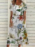 Chicmy- Round Neck Loose Casual Floral Print Short Sleeve Midi Dress