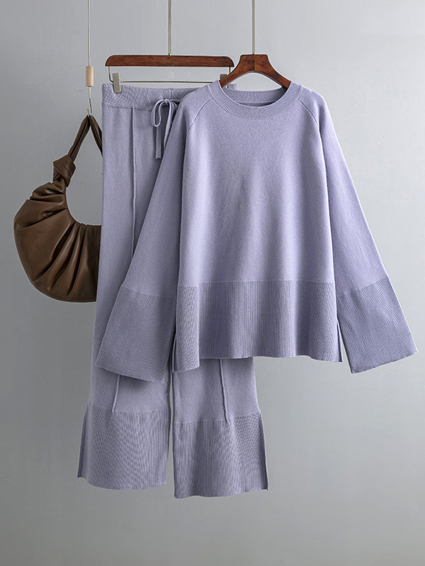 Chicmy-Casual Long Sleeves Loose Solid Color Round-Neck Sweater Tops & Wide Leg Pants Two Pieces Set