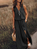 Chicmy- Sleeveless Casual Waist Zip Letter Print    Maxi Dresses