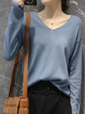 Chicmy-Simple Solid Color V-Neck Long Sleeve Knitwear Tops