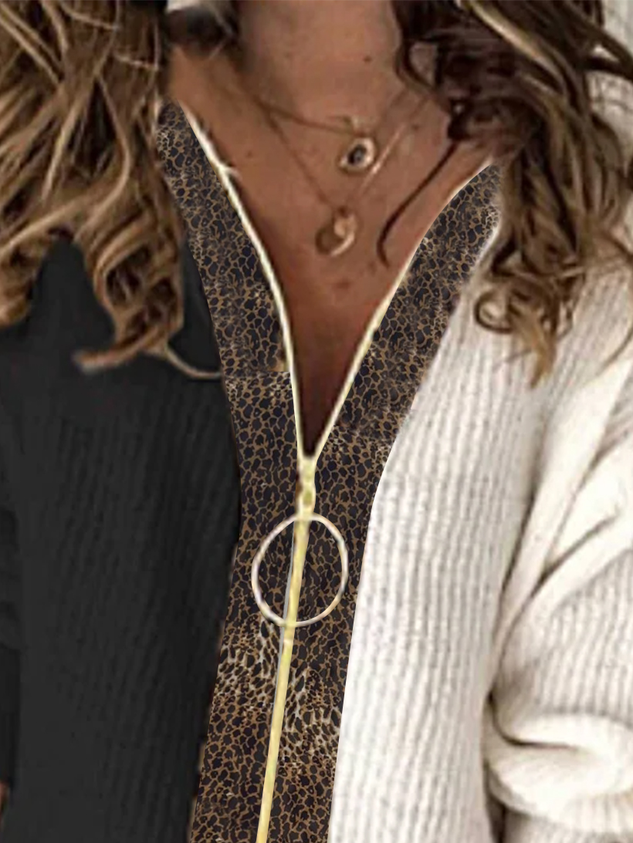 ChicmyJFN Zipper Leopard Buttons Long Sleeve Sweater