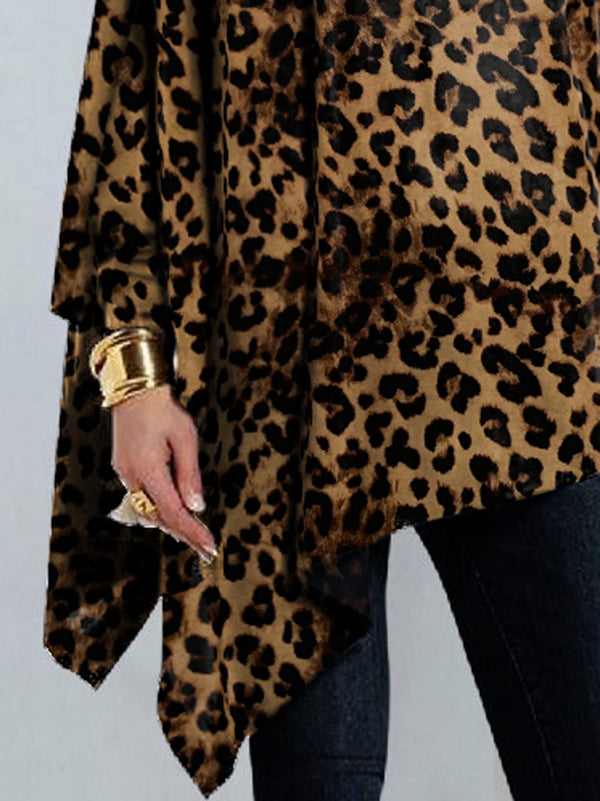 Chicmy-Long Sleeves Loose Leopard Printed High Neck T-Shirts