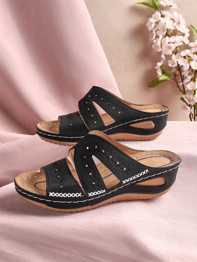 ChicmyFloral Embroidered Cutout Boho Casual Wedge Slides