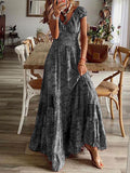 Chicmy- V-Neck Loose Elastic Waist Vintage Print Short Sleeve Maxi Dress