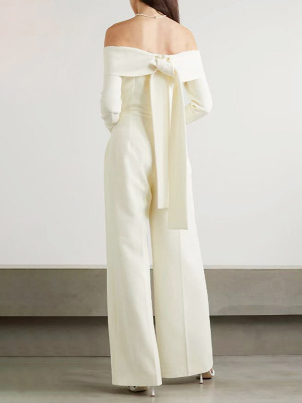 Chicmy-Pleated Solid Color Split-Joint Tied High Waisted Long Sleeves Off-The-Shoulder Jumpsuits