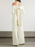 Chicmy-Pleated Solid Color Split-Joint Tied High Waisted Long Sleeves Off-The-Shoulder Jumpsuits