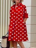 Chicmy- Women Polka Dot Print Long Sleeves Shirt Collar Short Dress