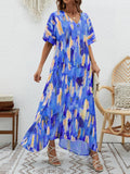 CHICMY-Graduation gift, graduation evening dress Printed High-Waisted Contrast Color Short Sleeves Loose V-neck Maxi Dresses