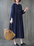 Chicmy-Pleated Solid Color Loose Puff Sleeves Stand Collar Midi Dresses