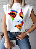 Chicmy-Original Casual High-Neck Cap Sleeves Face Printed T-Shirt Top