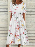 Chicmy- Round Neck Casual Loose Floral Print Vacation Short Sleeve Midi Dress