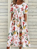 Chicmy- Round Neck Casual Loose Floral Print Vacation Short Sleeve Midi Dress