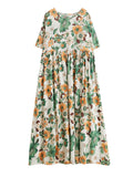 Chicmy-Floral Printed Pleated Split-Joint Loose Short Sleeves Round-Neck Midi Dresses