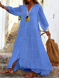 Chicmy- V-Neck Casual Loose Solid Color Vacation Long Sleeve Maxi Dress