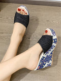 ChicmyBlue Denim Ethnic Color Pattern Wedge Sandals