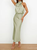 Chicmy-Solid Color Sleeveless Halter-Neck Midi Dresses