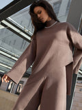 Chicmy-Casual Solid Color Irregularity High-Neck Sweater& Wide Leg Pants Suits