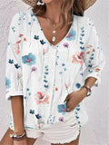 Chicmy-Buttoned Flower Print Long Sleeves Loose V-neck Blouses&shirts Tops